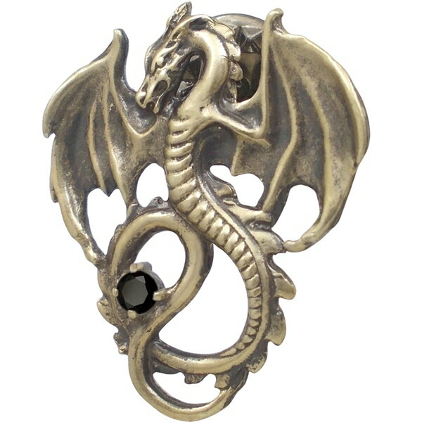 ブラックジルコニア アンティークゴールド フライング ドラゴン シルバーピンバッジ ピンズ