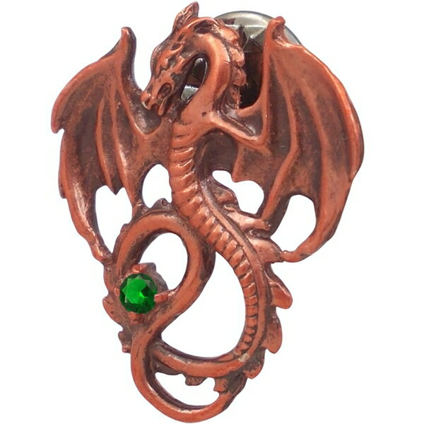 (5月)エメラルドグラス レッド フライング ドラゴン シルバーピンバッジ ピンズ 誕生石