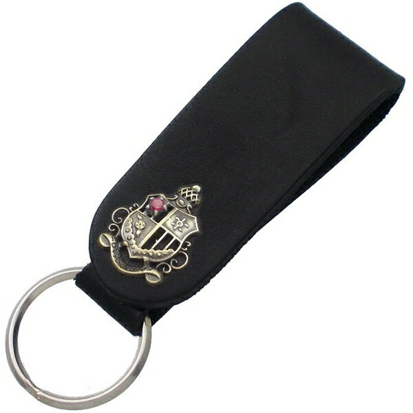 Key Holder - (7月)ルビー シールド アンティークゴールド エンブレム ブラックレザー キーホルダー 誕生石