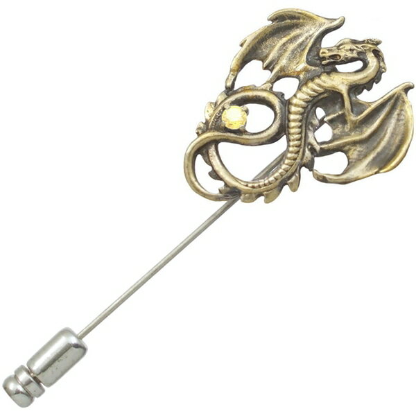 イエロージルコニア アンティークゴールド フライング ドラゴン シルバーラペルピン 金運 開運 誕生石