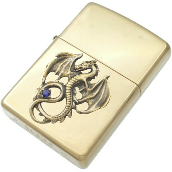 (9月)サファイア アンティークゴールド フライング ドラゴン ブラスジッポ誕生石