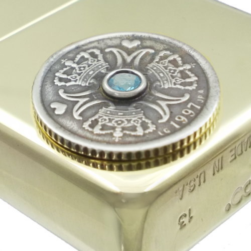 (11月)ブルートパーズクローネ コインブラスジッポ誕生石 ZIPPO シルバー925 モチーフ オイルライター コレクション 喫煙具 - 3