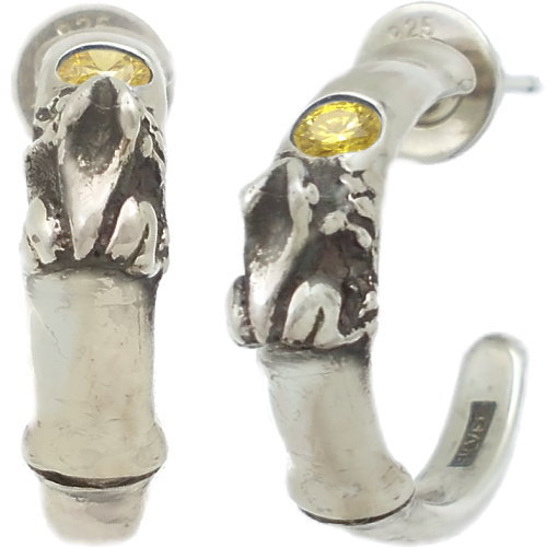 イエロージルコニア竹とカエル シルバーピアス(ペア)