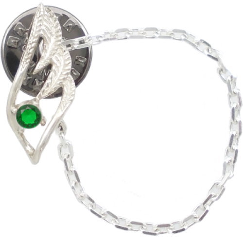 (5月)エメラルドグラス スモール オープン フェザー チェーン シルバーピンバッジ ピンズ 誕生石