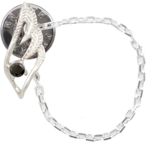 ブラックジルコニア スモール オープン フェザー チェーン シルバーピンバッジ ピンズ