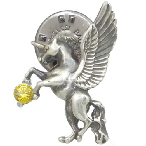 イエロージルコニア 有翼の ユニコーン シルバーピンバッジ ピンズ 金運 開運 誕生石