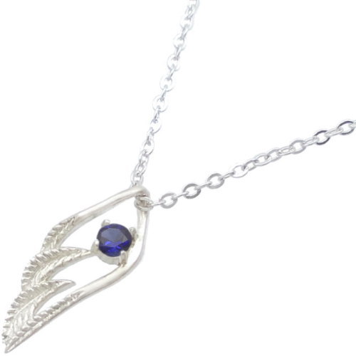 Sapphire - (9月)サファイア スモール オープン フェザー シルバーペンダントネックレス 誕生石