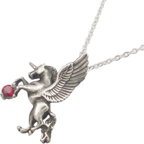 (7月)ルビー 有翼の ユニコーン シルバーペンダントネックレス 誕生石