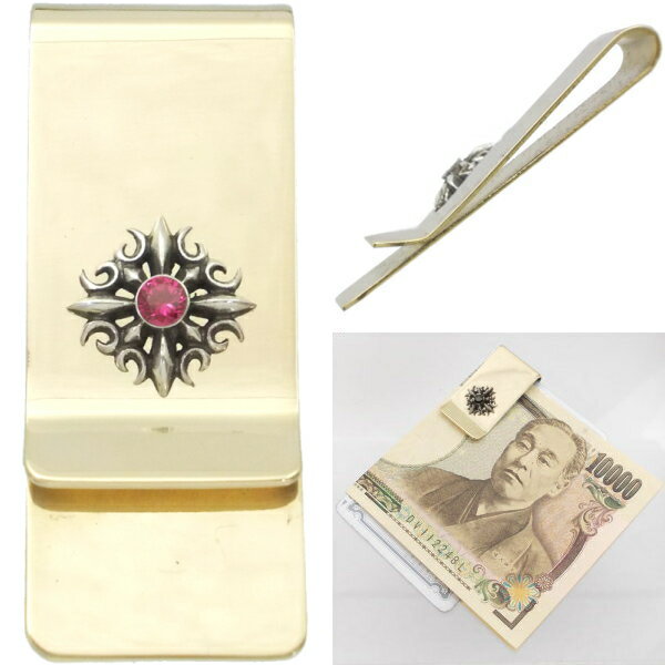 (7月)ルビー ゴシック クロス スリムブラスマネークリップ 誕生石