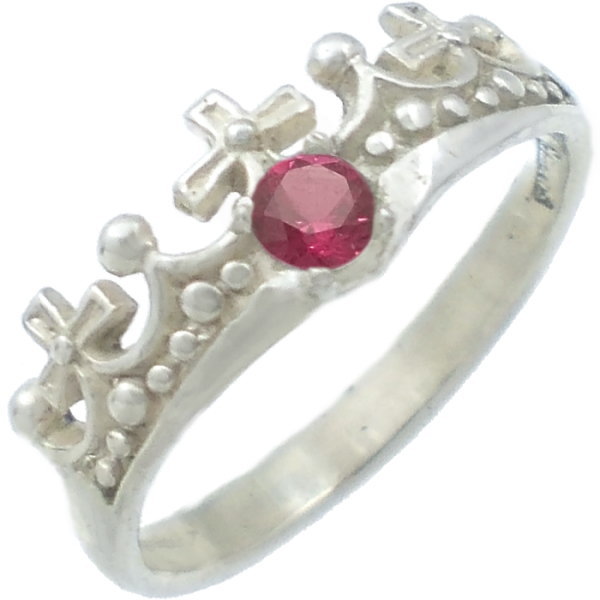 红宝石 - (7月)ルビー ホワイト クロス クラウン シルバーリング（指輪） 誕生石