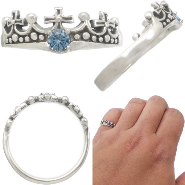 (3月)アクアマリン クロス クラウン シルバーリング（指輪） 誕生石