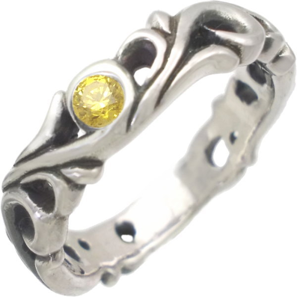 イエローキュービックジルコニア ブラック アラベスク シルバーリング（指輪） 誕生石