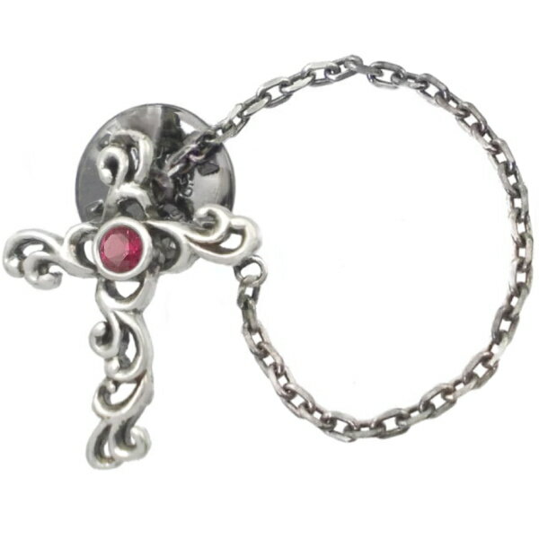 (7月)ルビー ブラック アラベスク クロス チェーン シルバーピンバッジ ピンズ 誕生石