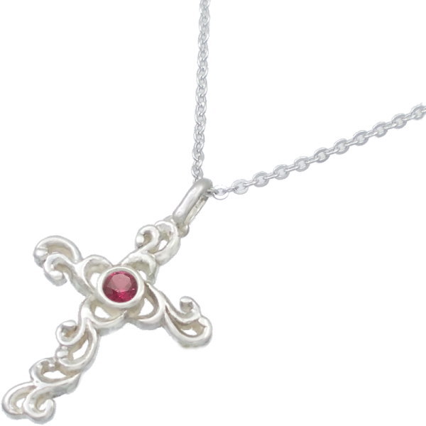 Ruby - (7月)ルビー ホワイト アラベスク クロス シルバーチャームネックレス 誕生石