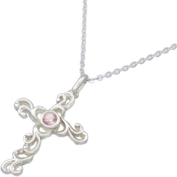 Tourmaline - (10月)ピンクトルマリン ホワイト アラベスク クロス シルバーチャームネックレス 誕生石