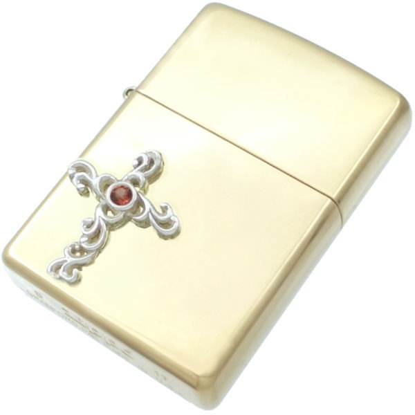 (1月)ガーネット ホワイト アラベスク クロス ブラスジッポ 誕生石
