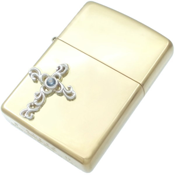 (3月)アクアマリン ホワイト アラベスク クロス ブラスジッポ 誕生石