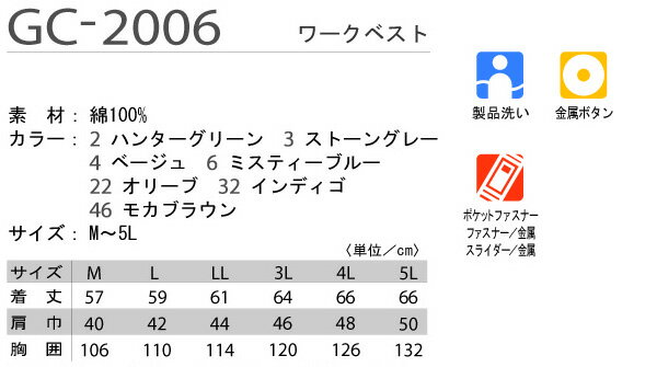gc-2006【タカヤ商事】作業服★ワークベスト★綿100％春夏素材