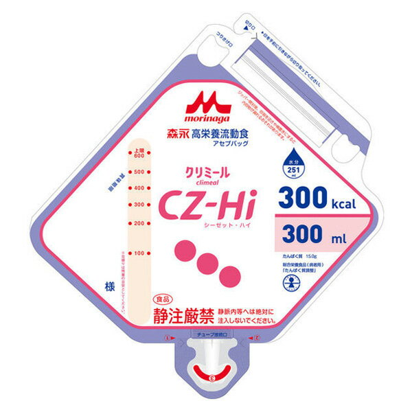 ■□お取り寄せになります□■ ※3～5営業日中出荷 ご注文承り後のキャンセルは原則お受け致しかねます。 微量元素（亜鉛・銅・マンガンなど）をバランス良く配合。さらに、食物繊維、オリゴ糖、EPA・DHA含量に配慮。消費者庁許可総合栄養食品（病者用）。小豆風味。 JANコード【4902720074919】商品詳細 内容量 300ml×20個 原材料 豆乳、デキストリン、乳たんぱく質、難消化性デキストリン、植物油、精製魚油、ラクチュロース（ミルクオリゴ糖）、乾燥酵母、食塩、カゼインナトリウム、pH調整剤、セルロース、塩化カリウム、炭酸マグネシウム、乳化剤、香料、ビタミンC、塩化カルシウム、クエン酸鉄ナトリウム、ビタミンE、ニコチン酸アミド、パントテン酸カルシウム、β-カロテン、ビタミンB6、ビタミンD、ビタミンB2、ビタミンB1、ビタミンA、葉酸、ビタミンB12 商品区分 食品 広告文責 三嶋商事株式会社 フリーダイヤル 0120-244-168　 ※お客様のための連絡先です。営業電話はご遠慮下さい。 100mlあたり 株式会社クリニコ　CZ-Hi アセプバッグ 300kcal 300ml×20個 賞味期限保証　1ヶ月以上 成分 含量 成分 含量 エネルギー（kcal/g） 100 レチノール当量(μg) 75 たんぱく質 (g) 5.0 ビタミンD (μg) 0.5 脂質 (g) 2.2 ビタミンE (mg) 1.2 炭水化物 (g) 17.1 ビタミンK (μg) 8 糖質 (g) 14.7 ビタミンB1 (mg) 0.16 食物繊維 (g) 2.4 ビタミンB2 (mg) 0.18 水分　(g) 84 ナイアシン (mg) 2.0 ナトリウム （mg） 90 ビタミンB6 (mg) 0.30 食塩相当量 (g) 0.23 ビタミンB12 (mg) 0.30 カリウム （mg） 150 葉酸 (μg) 30 カルシウム （mg） 75 パントテン酸 (mg) 1.0 リン （mg） 75 ビタミンC (mg) 10 亜鉛 （mg） 1.1 ビオチン (mg) 5 銅 （mg） 0.18 EPA (mg) 10 セレン (μg) 4 DHA (mg) 40 浸透圧 (mOsm/l) 300 粘度 (mPa・s) 17