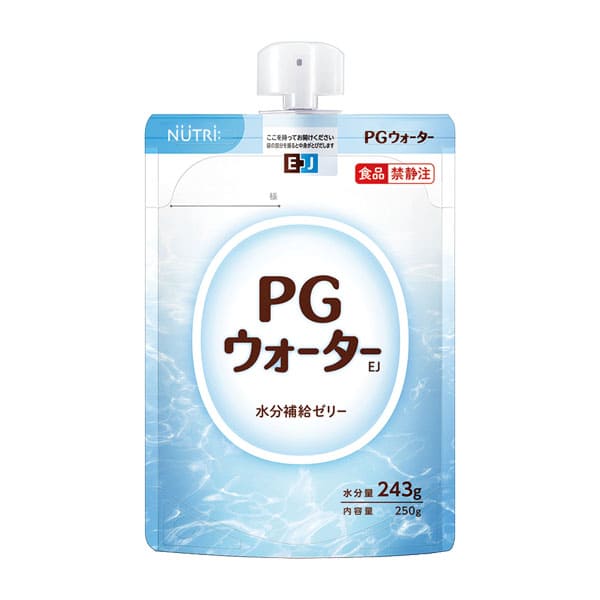 【重要なお知らせ】 この度メーカーから価格改定の連絡を受け、 2023年8月1日(火)AM10:00に価格改定を実施いたします。 現行価格：2,808円 改定価格：3,166円 お客様には大変ご迷惑をお掛けいたしますが、何卒ご容赦賜りますようお願い申し上げます。 ■□お取り寄せになります□■ ※4〜7営業日中出荷 ご注文承り後のキャンセルは原則お受け致しかねます。 PGウォーターEJは、クエン酸配合の水分補給ゼリーです。ゼリータイプならではの優れた水分補給。手間なくそのまま使用できます。 水分量は1パックあたり243g、食塩相当量は1パックあたり0.76g、粘度は20000mPa・s となっております。 【特徴】 ・クエン酸配合の水分補給ゼリー ・手間なくそのまま使用できます。 ・pH4.0未満の酸性に調整。 ・水分量は1パックあたり243g ・食塩相当量は1パックあたり0.76g ・粘度は20000mPa・s JANコード【4987350315953】商品詳細 内容量 250g×18個 原材料 ブドウ糖（国内製造）、デキストリン、食塩／ゲル化剤（増粘多糖類）、クエン酸、クエン酸Na、塩化K、乳酸Ca、乳化剤、香料、甘味料（アセスルファムK） 商品区分 食品 広告文責 三嶋商事株式会社 フリーダイヤル 0120-244-168　 ※お客様のための連絡先です。営業電話はご遠慮下さい。 1袋（250g）あたり PGウォーターEJ 賞味期限保証　1ヶ月以上 成分 含量 成分 含量 エネルギー（kcal） 25 ナトリウム （mg） 300 たんぱく質 (g) 0 食塩相当量（g） 0.8 脂質 (g) 0 カリウム（mg） 200 炭水化物 (g) 6.3 カルシウム（mg） 35 水分　(g) 243 塩素（mg） 500