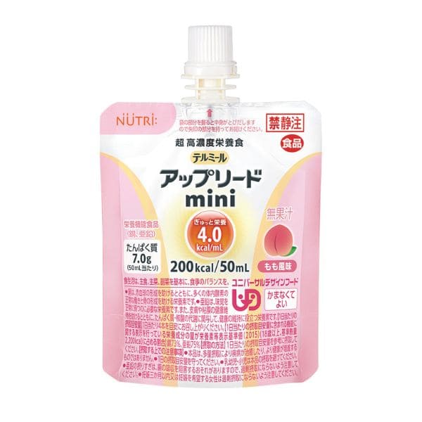 ■□お取り寄せになります■□　※4～7営業日中出荷ご注文承り後のキャンセルは原則お受け致しかねます。 テルミールアップリードmini もも風味は、少量で高カロリー高たんぱくを摂取できる濃厚流動食です。加齢に伴い食が細くなっている方や、一度に多くの食事が摂れない方などにオススメで、栄養成分は、50ml(1本）あたりエネルギー200kcal、たんぱく質7.0g、脂質10.8g、炭水化物18.7g、ビタミン、ミネラルも含まれており、バランスの良い設計になっています。 【特徴】 ・3大栄養素を配合した超高濃度栄養食 ・エネルギー200kcal、たんぱく質7.0g、脂質10.8g、炭水化物18.7g ・1本50mlと飲み切りやすいサイズ ・使いやすいチアパック容器 ・なめらかなとろみ食感 ・メロン風味・もも風味商品情報 商品名 テルミール アップリードmini もも風味 内容量 50ml×24本 メーカー ニュートリー株式会社 賞味期限保証 1ヶ月以上 保管方法 本品は室内で保存できますが、凍結するような場所や直射日光のあたる場所を避け、なるべく冷暗所に保管ください。 原材料 砂糖（国内製造）、植物油、デキストリン、コラーゲンペプチド、乳清たんぱく、中鎖脂肪酸トリグリセリド（MCT）、発酵乳（殺菌）、寒天、食塩、L-カルニチン、酵母、昆布抽出物、V.K2含有食用油脂/酸味料、乳化剤、香料、硫酸Mg、リン酸Ca、塩化K、安定剤（ペクチン）、V.C、甘味料（ステビア、ラカンカ）、グルコン酸亜鉛、クエン酸鉄、ナイアシン、パントテン酸Ca、グルコン酸銅、V.E、V.A、V.B6、V.B1、V.D、V.B2、葉酸、ビオチン、V.B12、（一部に乳成分・ゼラチンを含む） 商品区分 食品 JANコード 4934989116246 広告文責 三嶋商事株式会社フリーダイヤル 0120-244-168　 ※お客様のための連絡先です。営業電話はご遠慮下さい。 栄養成分表示 1袋50mLあたり 成分 含量 成分 含量 エネルギー（kcal） 200 ビタミンC（mg） 13 たんぱく質 (g) 7.0 ナトリウム(mg) 75 脂質 (g) 10.8 食塩相当量 (g) 0.19 糖質(g) 18.5 カリウム(mg) 75 食物繊維 (g) (0.3) カルシウム(mg) 48 灰分(g) (0.5) マグネシウム（mg） 15 水分　(g) 22 塩素（mg） 75 ビタミンA（µgRE） 106 リン(mg) 68 ビタミンD（µg） 0.69 鉄(mg) 1.3 ビタミンE（mg） 1.13 亜鉛(mg) 1.7 ビタミンK（µg） 18.8 銅(mg) 0.17 ビタミンB1(mg) 0.31 マンガン(mg) 0.50 ビタミンB2(mg) 0.25 セレン（µg） 8 ナイアシン（mgNE) 2.6 クロム（µg） 8 ビタミンB6(mg) 0.38 モリブデン（µg） 8 葉酸（µg） 38 ヨウ素（µg） 31 ビタミンB12（µg） 1.13 イオウ(mg) （40） ビオチン（µg） 8.1 コレステロール(mg) （5.5） パントテン酸(mg) 1.13 カルニチン(mg) 25.0