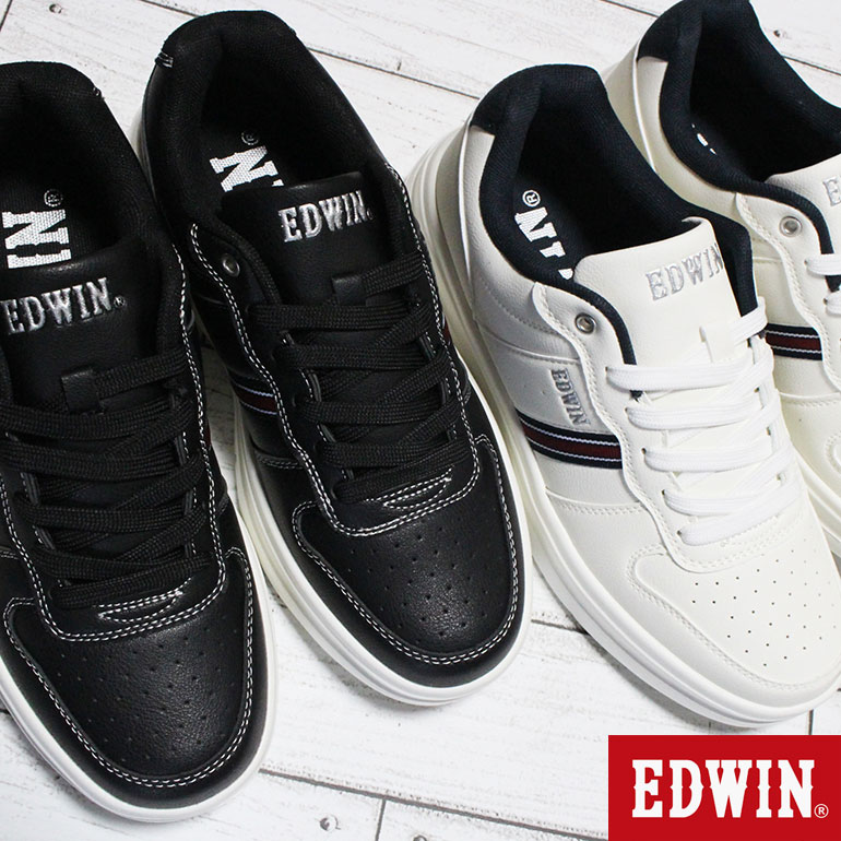 エドウィン スニーカー EDW7075 ホワイト ブラック 25cm〜28cm メンズ スニーカー カジュアルシューズ スポーツシューズ ウォーキング 靴 紐靴 軽量 EDWIN