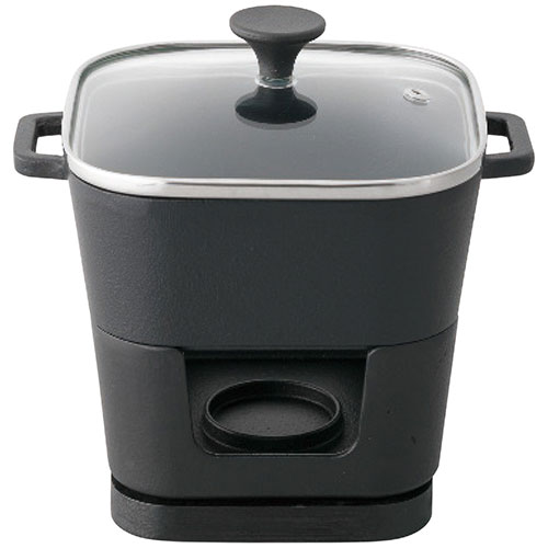 スクエアポットコンロセットご家庭で懐石気分が味わえます18.5×14.5×6cmスクエアポット1個・鉄鋳物・13×13×7cmコンロ1個・鉄鋳物、天然木・蓋:強化ガラス・ツマミ:フェノール樹脂・[中国製]
