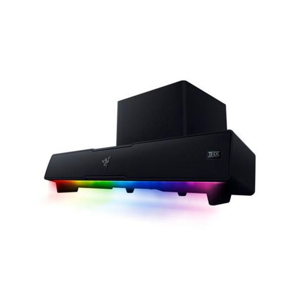 メーカー：Razer 型番：RZ05-03920100-R3A1 JAN：4571585635186 ■商品説明■ ●マルチドライバーサウンドバーと独立したサブウーファーを組み合わせ、クリアな高音からパンチの効いた重低音まで広音域をカバー ●「THX Spatial Audio」による高度な7.1chサラウンドサウンドに対応し、ゲーム内の立体的な音響効果をリアルに再現 ●モニター下にも収まるコンパクトなデスクトップフォームファクター設計で、限られたデスクスペースを有効活用可能 ●低レイテンシーな「Bluetooth 5.2」接続に対応し、PCだけでなくモバイルデバイス等へもスムーズに切替接続が可能 ●18のライティングゾーンを備えた「Razer Chroma RGB」に対応し、ライティングエフェクトやゲーム連動演出をカスタマイズ可能 ●「Razer Audio アプリ」および「Razer Synapse」を通じて、10バンドEQ調整やオーディオ設定の微調整が可能 ■仕様■ ・スピーカー構成：マルチドライバーサウンドバー ＋ サブウーファー ・ドライバー構成（サウンドバー）：フルレンジドライバー ×2、ツイーター ×2、パッシブラジエーター ×2 ・ドライバー構成（サブウーファー）：下向きサブウーファー ×1 ・周波数特性：45 Hz 〜 20 kHz ・接続方式：USB-A（PC用）、Bluetooth 5.2（モバイル用） ・Bluetooth コーデック：SBC、AAC（60ms 低レイテンシー対応） ・立体音響機能：THX Spatial Audio（Synapse 3 経由） ・ライティング：Razer Chroma RGB（18ゾーン） ・電源：AC電源アダプター ・本体サイズ（サウンドバー）：幅 500 mm × 奥行 91.3 mm × 高さ 84 mm ・本体サイズ（サブウーファー）：幅 220 mm × 奥行 220 mm × 高さ 250 mm ・重量：サウンドバー 約 1.4 kg / サブウーファー 約 3.0 kg