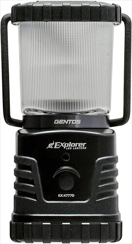 メーカー：GENTOS(ジェントス)JAN：4950654050073型番：EX-X777D■商品説明■●焚き火をイメージした超暖色LED搭載 (色温度 1800K)●炎のようにゆらめくランダムキャンドルモード搭載●点灯後、一定時間経過後にスイッチを押すと、どのモードからでも一回の操作で消灯できるインスタントオフスイッチ●カバー部分を外し、逆さまに吊るして使用可能なビルトインフック●光のムラを最小限に抑えて、均一に照射するストライプトップカバー●持ち運びや吊るして使えるキャリングハンドル●耐塵・防滴仕様 (IP64準拠) ＆2m落下耐久■仕様■・色：ブラック・サイズ：約幅102.4×奥行87.3×高さ184.1mm・本体重量：約802g・セット内容・付属品：本体、ハンガーフック・使用電池：単1形アルカリ電池×3本(別売り)・明るさ：High/420ルーメン、Eco/170ルーメン・実用点灯：High/34時間、Eco/110時間、キャンドルモード/890時間・機能：2m落下耐久、耐塵・防滴仕様(IP64準拠)・最大照射距離：約25m