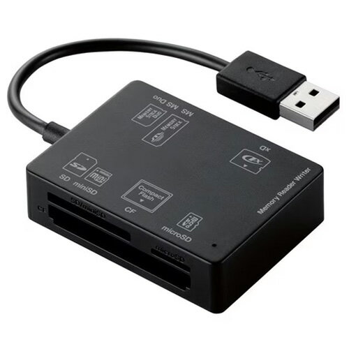 【500円OFFクーポン有】 エレコム カードリーダー USB2.0 ケーブル一体型 コンパクトモデル 58メディア対応 ブラック MR-A012BK