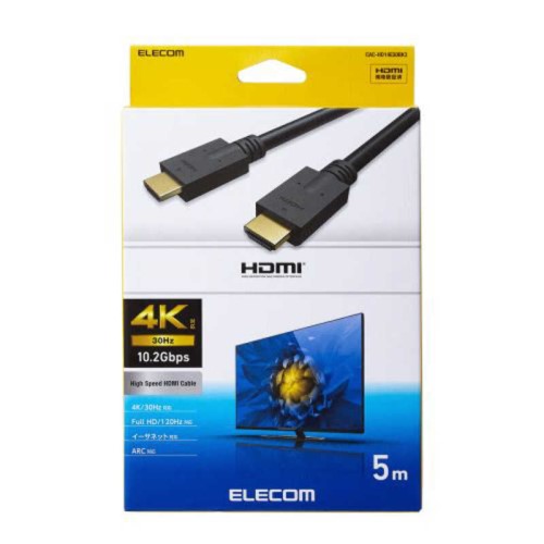 メーカー：エレコムJAN：4549550319805型番：CAC-HD14E50BK3■商品説明■●最大4K/30Hzの解像度に対応した、認証済みのイーサネット対応ハイスピードHDMI(R)ケーブルです。1本のケーブルで、映像信号と音声信号をデジタルのままで高速伝送するだけでなく、イーサネット信号の双方向通信を実現します。●100Mbpsのイーサネット通信を実現する、HEC(HDMIイーサネットチャンネル)に対応しています。デジタル音声をテレビなどの表示機器からAVアンプなどの出力機器へ伝送できる、ARC(オーディオリターンチャンネル)に対応しています。●サビなどに強く信号劣化を抑える金メッキピン・金メッキプラグを採用しています。外部ノイズの干渉から信号を保護する3重シールドケーブルを採用しています。コネクター部にもノイズを軽減する金属シェルコネクターを採用しています。■仕様■・ケーブルサイズ(約):5m ※コネクター含まず ・規格:イーサネット対応ハイスピードHDMI(R)ケーブル認証品 ・対応機種:HDMI(タイプA・19ピン)側:HDMI入力端子を持つ液晶テレビ・プラズマテレビ・プロジェクターなど、HDMI(タイプA・19ピン)側:HDMI出力端子を持つAV機器・ゲーム機など ・伝送速度:10.2Gbps ・対応解像度:最大4K(3840×2160px)/30Hz、Full HD(1920×1080px)/120Hz