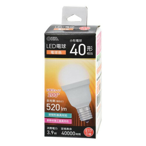 LED電球小形 E17 40形相当 電球色 オーム電機 LDA4L-G-E17 IS53 父の日 ギフト 2026 贈り物 プレゼント 母 父 ペアギフト