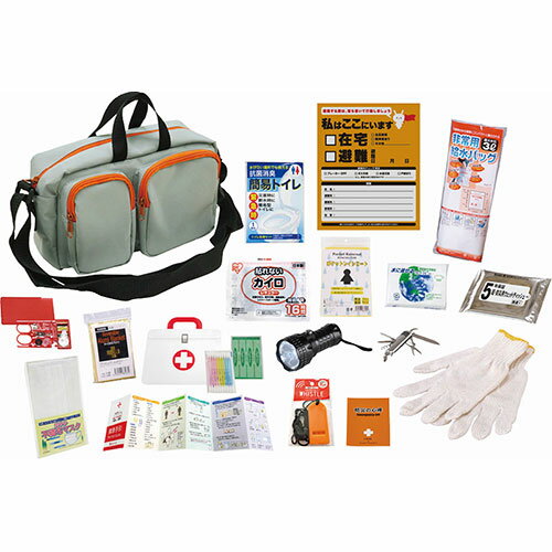 エマージェンシーショルダーバッグ17点セット ・ホイッスル・ウェットティッシュ・マスク・軍手・アルミブランケット・防災の心得・懐中電灯 ほか B1130615