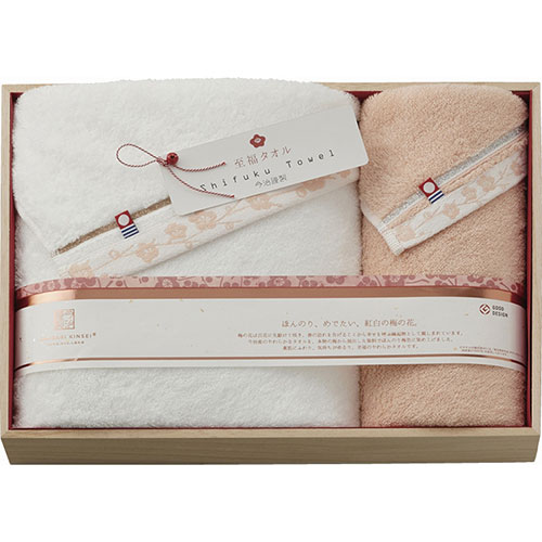 バスタオル&フェイスタオル(木箱入)おめでたい紅白のタオルとパッケージが、どのような慶事、またはお祝い事の内祝いにもぴったりな贈り物です。やわらかな今治タオルを、本物の梅から抽出した染料でほんのり梅色に染め上げた、縁起の良いタオルギフトです。メーカー品番 : SH66050 サイズ : バスタオル : 60×110cm、フェイスタオル : 34×75cm 材質 : 綿100% 箱サイズ : 25×35×8cm 箱入重量 : 0.8kg 生産国 : 日本