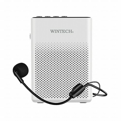 コンパクトな拡声器コンパクトサイズの拡声器 ・コンパクトなので使いやすい ・ハンズフリーマイクなので両手が空いてとても便利! ・音声もしっかり聞こえます。 ・発表会やプレゼン、販促用、ガイド用としてご利用いただけます。 充電すればすぐ使える(TypeC対応) ・マイクは付属しており充電池内蔵なので、充電すればすぐにご利用可能です。 ※充電にはUSBACアダプター等が必要です。 使用シーンに合わせて取付方法が選べる ・首掛けストラップとベルトクリップが付属しているので、使用方法に合わせて活用できます。●サイズ : W75×D27.5×H102mm ●重量 : 137g ●音声出力 : 4W(RMS) ●S/N比 : ≧70dBA ●音声入力 : 800mV RMS,22kohm ●電源入力 : 5V 1A(USBTypeC端子) ●内蔵充電池 : リチウム充電池(1000mAh) ●拡声機能(ハンズフリー有線マイク付属) ●ハンズフリーマイクケーブル長 : 約95cm ●音楽・音声再生機能 : MicroSD/USB(MP3・WMA・WAV)再生対応・AUXIN端子→ミキシング出力(音源音声とマイク音声の同時出力)対応 ●音声入力・接続端子・スロット : MicroSD/USB(最大32GB)/AUX ●ガイドメッセージ機能搭載(ボタン操作時、充電池残量不足等) ●背面ベルトクリップ(本体取付済み)、首掛けストラップ(付属品)で使用状況により使い分け可能。 ●RECモードで自分の声を録音することが可能 ※別途メモリーカードが必要です ●使用時間目安 : フル充電時間目安=約2時間前後/連続使用時間目安=約5時間前後 　※音量大程度での目安時間。環境、使用状況により変化します。 また、本機の充電には市販USBACアダプターなど別途充電器が必要となります。 ●音声到達距離範囲目安 : 約10m前後 ※見通し単独使用、音量最大程度での目安距離。環境、使用状況により変化します。 ●付属品 : ハンズフリー有線マイク/首掛けストラップ/USBTypeCケーブル/AUXケーブル/取扱説明書(保証書) ●保証期間 : 1年間 ●生産国 : 中国