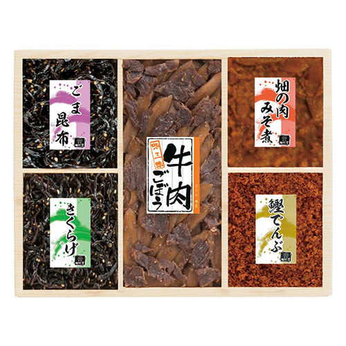 味三昧職人が丹精込めて炊き上げた和食の保存食、佃煮・昆布の詰合せです。メーカー品番 : LK-25 セット内容 : ごま昆布・きくらげ(各50g)・牛肉ごぼう(70g)・畑の肉みそ煮・鰹でんぶ(各30g)×各1 賞味期限 : 常温140日 アレルゲン : 牛肉・ごま・さば・大豆 箱サイズ : 22.1×28.1×3.6cm 重量 : 0.6kg