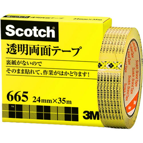透明両面テープ 24mm×35m●はくり紙がなく使いやすい透明両面粘着テープです。透明素材で目立ちにくい。 ●ポスターなど掲示物の貼り込み、写真や記事などのスクラップに。 ●変質、黄変しにくい。 ●基材:透明硬質塩化ビニル、粘着剤:アクリル系粘着剤生産国…米国 パッケージサイズ…112×112×28mm パッケージ重量…143g