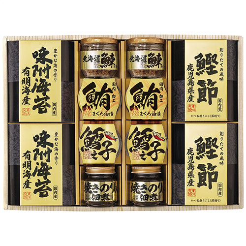 美味之誉 詰合せシリーズ累計販売250万セット突破!北海道産の鰊フレーク、小豆島で製造された焼き海苔入りの佃煮、鹿児島県産鰹節など選りすぐりの逸品を詰合せた和風ギフトです。メーカー品番 : 5876-80 内容物 : 北海道産鰊フレーク50g・焼きのり佃煮85g各2瓶・鰹削り節(2g×3袋)・有明海産味付け海苔(8切10枚)各2箱・まぐろ油漬け70g・鱈之子味付け70g各2缶8 アレルゲン : 小麦・えび・大豆 賞味期限 : 製造日より常温約540日 生産国 : 日本 箱サイズ : 45×32×8cm 重量 : 2050g
