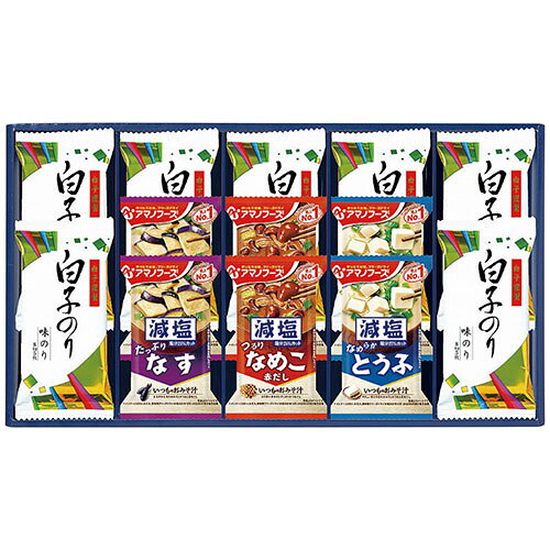 アマノフーズ&白子味のりギフトアマノフーズの減塩タイプみそ汁と白子のり味のりを詰合せました。メーカー品番 : 6393-40 内容物 : 白子のり味のり(8切5枚)7個・減塩いつものおみそ汁(なす9g・なめこ8g・とうふ10.3g各2個) アレルゲン : 乳成分・小麦・えび・さば・大豆・鶏肉・ゼラチン・魚介類 賞味期限 : 製造日より常温約360日 生産国 : 日本 箱サイズ : 43.3×24.2×4.5cm 重量 : 360g