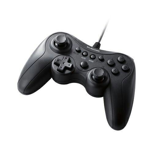 ELECOM GAMING 有線スタンダードゲームパッド GP20X■連射機能、スティックモード切替機能を備えた、クロス配置(Xbox系)の13ボタン有線軽量ゲームパッド。 ■XInputとDirectInputの両方に対応しており、幅広いゲームタイトルで使用できます。 ■背面にXInputとDirectInputを簡単に切り替えられるスライドスイッチを搭載しています。 ■十字ボタン、アナログスティック2本を含む13ボタンを搭載しています。 ■左スティックが操作しやすいクロススティック配置(Xbox系)を採用しています。 ■ゆったり接続できるケーブル長1.8mです。 ■アナログ入力に対応したトリガーボタンを2つ搭載し、レーシングゲームのアクセル/ブレーキなどのアナログ入力が可能です。 ■MODEボタンでデッドゾーンゼロ・入力補正なしの「FPSモード」と、8方向を確実に入力しやすくなる補正が有効な「互換性重視モード」を切替ができます。 ■振動用モーターを搭載しない軽量タイプで、疲れにくく長時間のプレイにも快適です。 ■ボタンごとに連射のON/OFFを設定可能で、RPGやシューティングゲームなど幅広いゲームで活躍します。 ■※XInputの場合、アナログトリガーとガイドボタンは連射非対応です。 ■モードや連射を知らせてくれるLEDランプがついています。 ■Steamの各種ゲームタイトルで動作確認済み! ■※動作確認済みのゲームタイトルはエレコムホームページの対応表をご確認ください。 ■ボタンやスティックにキーボードやマウスの操作を割り当てる独自ソフトウェア「ゲームパッドアシスタント」に対応し、ゲームパッドに対応しないゲームもプレイ可能になります。 ■自社環境認定基準を1つ以上満たし、『THINK ECOLOGY』マークを表示した製品です。 ■廃棄物削減に取り組み、製品に同梱する取扱説明書等をペーパーレス化した製品です。■コネクター形状:USB-A プラグ ■接続方式:USB有線 ■ケーブル長:約1.8m ■対応機種:USBポートを装備したWindowsパソコン ■対応規格:XInput/DirectInput ■対応OS(Windows):Windows 11/10 ■ボタン数:13ボタン ■アナログトリガーボタン:2ボタン ■メカニカルトリガーボタン:なし ■POV(ハットスイッチ):あり ■アナログスティック:2本 ■スティック配置:クロス(XBOX系) ■スティックカバー交換:非対応 ■軸数:4軸(X軸/Y軸/Z軸/Z回転) ■動作モード:アナログモード ■振動機能:なし ■連射機能:あり ■マクロ機能:なし ■ボタン配置切替機能(リマップ機能):なし ■スティックモード切替機能:あり ■スティック感度切替機能:なし ■内容物:ゲームパッド本体×1台 ■外形寸法(本体):幅約161mm×奥行約65mm×高さ約99mm ※ケーブル除く ■重量(本体):約184g ※ケーブル含む ■電源:USBバスパワー ■VCCI:Class B対応 ■カラー:ブラック ■保証期間:1年間