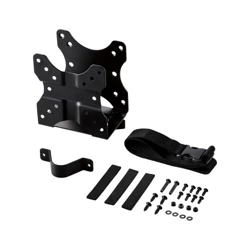 3Way取付CPUホルダー(VESA対応)■VESA規格対応のCPUホルダーです。 ■CPUやシンクライアント端末をモニター裏、モニターアームのポール部分、デスク下など、ワークスタイルに合わせてお好きな場所に設置できます。 ※耐荷重 : 約5kg ■※デスク下に固定する場合は、天板裏に穴をあけてネジで締める必要があります。 ■本製品のホルダー幅はスライドし、機器に合わせて調整が可能です。 ※奥行調整 : 約17mm〜約70mm ■機器の固定をサポートする固定ベルトと、モニターアームのポール部分に取り付けるための固定用パーツを付属しています。 ■※付属のクッションパッドを内側に貼り付けることで、滑り止めの役目を果たしつつ、機器への傷を防止します。 ■自社環境認定基準を1つ以上満たし、『THINK ECOLOGY』マークを表示した製品です。 ■環境保全に取り組み、製品の包装容器が紙・ダンボール・ポリ袋のみで構成されている製品です。□耐荷重 : 約5kg □外形寸法 : 幅約118mm×奥行約70mm×高さ約129mm ※本体底のネジ部除く □質量 : 約640g □カラー : ブラック □セット内容 : ホルダー本体×1、固定ベルト×1、ポール固定用パーツ×1、クッションパッド×3、デスク裏固定ネジ(ST4.8×16)×4、ポール固定用ネジ(M5×25)×2、VESA固定用ネジ(M4×12)×8、スプリングワッシャー×4、ナット×4 □材質 : スチール □その他 : 設置可能機器厚み : 約17mm〜約70mm