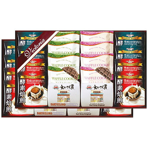 ドリップコーヒー&紅茶・ワッフルクッキーセット喫茶文化の根強い愛知県から、コーヒーと紅茶をそれぞれ使いやすいドリップバッグ、ティーバッグにしてギフトセットにしました。紅茶専門店【えいこく屋紅茶店】とのコラボ商品。2種類のワッフルクッキーと詰め合わせました。メーカー品番 : VEM-60 内容物 : ドリップコーヒー(エクセレントブレンド・クラシックブレンド各7g×8袋)・ティーバッグ紅茶(ダージリン・アールグレイ各2g×8袋)・ワッフルクッキー(抹茶・スイートポテト各8個) アレルゲン : 卵・乳成分・小麦・大豆 賞味期限 : 製造日より常温約360日 生産国 : 日本 箱サイズ : 43×26×8cm 重量 : 1050g