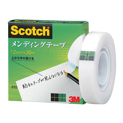 メンディングテープ 12mm 紙箱入●マットフィニッシュ(つや消し加工)により貼るとテープはほとんど見えなくなり、ラッピングや封かんが美しく仕上がります。 ●テープの上から文字が書けます。水性ペン、鉛筆でも可能です。 ●光らず自然で、指紋のあとも目立ちにくく、コピーをとってもほとんど影が映らないので書類の補修に便利です。 ●変質・変色しにくく、長期の使用に耐えます。スコッチ メンディングテープ 810-1-12, 透明, 小巻, 12 mm x 30 m, 10 巻/中箱, 10 中箱/箱 生産国…米国 パッケージサイズ…67×67×16mm パッケージ重量…34g