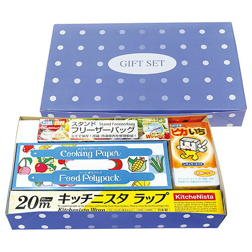 オリジナルギフトセット家庭日用品4点セット。メーカー型番 : OG24-10 内容 : キッチニスタラップ(30cm×20m)・スタンドフリーザーバッグ(5枚)・クッキングペアーセット(キッチンペーパー・ポリ袋各10枚)・ピカいち(メラミンスポンジ)×各1 原産国 : 日本・中国・タイ 箱の種類 : 化粧箱 箱サイズ : 約190×315×50mm(入) 箱入重量 : 約326g