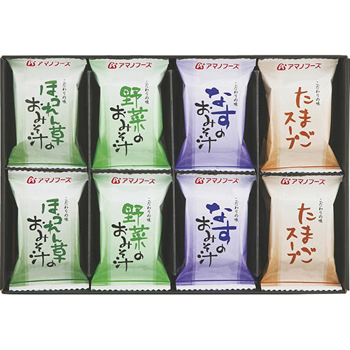 おいしいものが好きな方へ贈りたい、アマノフーズのフリーズドライギフトセットです。 毎日の食卓を彩る、こだわりのおみそ汁とたまごスープを詰め合わせました。 フリーズドライ製法で、手軽に本格的な味わいを楽しめるアマノフーズの人気ギフト。 お湯を注ぐだけで簡単に作れるため、忙しい朝食や昼食、夕食の一品、夜食にも便利です。 ほうれん草のおみそ汁、野菜のおみそ汁、なすのおみそ汁、たまごスープの4種類入り。 気分や食事に合わせて選べる、バラエティ豊かな詰め合わせです。 常温で保存でき、賞味期限も長いため、贈り物としても扱いやすいギフトセットです。 内祝い、御礼、お返し、ご挨拶、手土産、快気祝い、法要返礼品など、さまざまなギフトシーンにおすすめです。 商品特徴 アマノフーズのフリーズドライギフト おみそ汁とたまごスープの詰め合わせ お湯を注ぐだけで簡単調理 毎日の食卓に便利 常温保存可能 賞味期限2年 内祝い、お返し、ご挨拶ギフトにおすすめ セット内容 ほうれん草のおみそ汁 x 2 野菜のおみそ汁 x 2 なすのおみそ汁 x 2 たまごスープ x 2 商品仕様 賞味期限:2年 アレルゲン:卵 乳 小麦 箱サイズ:約25.5cm x 32.5cm x 3cm 箱入重量:約0.2kg アマノフーズ、フリーズドライ、味噌汁ギフト、みそ汁ギフト、スープギフト、即席味噌汁、即席スープ、詰め合わせギフト、内祝い、お返し、御礼、ご挨拶ギフトをお探しの方におすすめです。