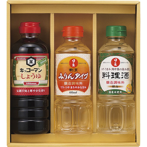 キッコーマン&調味料バラエティセットキッコーマン&調味料バラエティセットメーカー品番 : KSM-20N セット内容 : キッコーマンこいくちしょうゆ(500ml)・日の出(料理酒・割烹みりんタイプ)(各400ml)×各1 賞味期限 : 常温1年 アレルゲン : 小麦 箱サイズ : 25.5×23×7.5cm 箱入重量 : 1.7kg