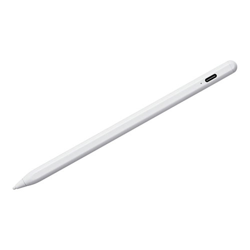 Apple iPad&汎用モード切り替え可能なハイブリッド充電式極細タッチペン。ホワイト。●Apple iPad&汎用モードの切り替えが可能な充電式タッチペン。 *Apple iPadモードの場合、2018年モデル以降に対応。 ●使用機器本体とのペアリングなどは不要です。電源をオンにすればご使用できます。 グリーン点灯:Apple iPad、ブルー点灯:汎用に対応します。 *ブルー点灯の場合でもiPadに文字などは入力できますが、パームリジェクションに対応しません。 グリーン点灯のApple iPadモードで使用してください。 *Apple iPadモードの場合、初期設定により、メモアプリで手書き入力する際、Apple Pencilに制限されている場合があります。 その際は、iPad本体とApple Pencilとのペアリングを切ってください。 ●Apple iPadモードの場合、パームリジェクション対応。(手のひらがiPad画面に当たっていても誤動作を防止します) *アプリによっては、パームリジェクション機能がご使用できない場合があります。 ●ペン本体に磁石を内蔵しており、対応したiPadの側面に取付け可能。 ●付属のTypeCケーブルで本体を充電して使用する極細タッチペン。先端直径約2mm。 ●充電式で電池不要!軽くて細いタッチペン。 ●ペン先に操作性、耐久性に優れたPOMプラスチック素材を使用。 ●弊社製液晶保護フィルムを貼った状態でも操作可能です。 (貼っていない状態よりは反応が鈍くなる場合があります。) *傾き検知機能、筆圧感知機能はありません。■カラー : ホワイト ■入数 : 1本 ■先端部直径 : 約2mm ■セット内容 : 本体×1、TypeCケーブル(約26cm)、取扱説明書 ■連続使用時間 : 約12時間 最大待機時間(確認中)日 ■充電時間 : 約1時間 ■自動電源オフ : 有り 約5分で自動電源オフ ■サイズ_長さ : 165.5mm ■サイズ_直径 : 9.1mm ■電源スイッチ : 本体上部を押して電源がONになると、LEDがグリーンに点灯します。再度押すとブルーに点灯します。再度押すと電源がOFFになります。充電中は電源スイッチが赤く点灯します。充電が終わるとLEDが消灯します。 電源をOFFにした状態で充電をしてください。 充電が少ない場合、赤色に点滅します。 バッテリ : リチウムポリマー電池 110mAH 充電仕様 : 5V/0.1A