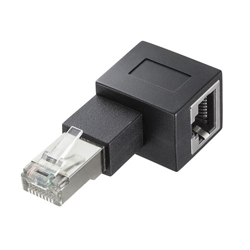 カテゴリ6A対応、RJ-45コネクタ90度角度変更アダプタ・左出し。●RJ-45差し込みポートの方向を90度角度変換することができる変換アダプタです。 ●パソコンやサーバー、LANスイッチ、ルーター、情報コンセントなどに接続して、LANケーブルの方向を90度変換できます。 ●10ギガビットイーサネットに対応した、カテゴリ6Aに対応しています。 ●耐久性の高いメタルポートを採用、ノイズ対策も万全です。 ●STPケーブル、UTPケーブルどちらにも使用できます。■カラー : ブラック ■コネクタ形状 : RJ-45シールドオス・メスコネクタ RJ-45メス 左出し ■結線仕様 : ストレート結線 ■アダプタ構造 : STP ■カテゴリ;CAT6A　 ■規格名 : 10GBASE-T　 ■対応カテゴリ・規格 : カテゴリ6A(10GBASE-T)、カテゴリ6(1000BASE-TX)、カテゴリ5e、 (1000BASE-T)、カテゴリ5(100BASE-TX)、カテゴリ3(10BASE-T)適合　 ■サイズ・重量 : W19.2×D54.3×H25mm・19g