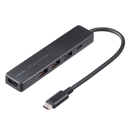HDMIポートを搭載したUSB Type-Cハブ。●HDMI出力ポート付のスリムUSBType-Cハブです。 ●HDMI出力4K/30Hz対応で、ソフトウェアのインストールなしで簡単にマルチディスプレイ環境(ミラーモード/拡張モード)を実現できます。 ●USB Type-Cコネクタ採用で、Type-Cポートを搭載したパソコンなどで使用できます。 ●USB5Gbpsポートからのノイズを受けにくい、入力機器の接続に適したUSB2.0ポートを搭載しています。 〇制限事項 ※本製品はパソコン本体のType-Cポートに直接接続してください。USBハブ、増設のUSBポートではご利用いただけません。 ※本製品の取り外し、接続に関して、基本的にプラグアンドプレイには対応していますが、まれにUSB認識のタイミングエラーにより正常に表示しない、動作しない場合があります。　再度抜き差しをお試しください。これは本製品の不具合、故障ではありません。 ※本製品はWindows OS、Mac OSが動作している状態で使用するものです。システム起動時や、BIOS画面では動作(表示)しません。 ※対応機種、対応接続機器・環境の場合であっても正常に動作しないことがあります。 ※USB2.0/1.1規格の製品を接続する場合、最大転送速度は遅い方の規格になりますので、ご注意ください。 ※全てのUSB Type-C機器に接続、動作を保証できるものではありません。 ※本製品はUSB 5Gbps(3.2 Gen1)規格に対応しておりますが、USB 5Gbps(3.2 Gen1)の規格値(5Gbps)の転送速度は規格値です。【PC接続端子】 ■コネクタ形状 : USB Type-C ■対応規格 : USB 5Gbps(USB3.2 Gen1/3.1 Gen1/3.0)準拠 ※USB5GbpsはUSB-IF(USB Implementers Forum )によりUSB3.2/3.1/3.0が名称変更されたもので同じ規格です。 ■ケーブル長 : 約15cm ■ケーブルタイプ : 一体型タイプ 【映像出力ポート】 ■対応出力ディスプレイ数 : 1台 ■最大対応解像度 : 4K/30Hz ■最大対応解像度/リフレッシュレート : 3840×2160 ■HDCP : 1.4 ■コネクタ形状(HDMI) : 1ポート 【USBハブ】 ■ポート数 : 4ポート ■最大データ転送速度(理論値) : 5Gbps ■コネクタ形状(USB Type-Cメス)/USB 2.0 : 1ポート ■コネクタ形状(USB Aメス)/USB 5Gbps(USB3.2 Gen1/3.1 Gen1/3.0)準拠 : 1ポート ■コネクタ形状(USB Aメス)/USB 2.0 : 2ポート ■供給電流 : 約1500mA 【電源】 ■電源供給方式 : バスパワー 【共通仕様】 ■対応OS Windows : 11, 10 ■対応OS mac : macOS(Sonoma) 14、macOS(Ventura) 13、macOS(Monterey) 12、macOS(BigSur) 11 ■対応OS Android : Android 14〜11 ■対応OS iOS : iOS 17 ■対応OS iPadOS : iPadOS 17〜14 ■対応OS ChromeOS : ChromeOS ■対応機種 : Windows搭載(DOS/V)パソコン、Apple Macシリーズ、iPad、iPhone ※USBポート(Type-Cメス)を持ち、パソコン本体メーカーがUSBポートの動作を保証している機種。 ※USB 5Gbps(USB3.2 Gen1)の環境で動作させるためにはパソコン本体にUSB 5Gbps(USB3.2 Gen1)ポートが必要です。 ※映像出力に対応したType-Cポートのみの対応です。(DisplayPort Alt Mode) ※USB Type-C接続のモニターには対応していません。 ※パソコン・USB機器により対応できないものもあります。 ※記載の社名及び製品名は、一般に各社の商標または登録商標です。 ■セット内容 : 取扱説明書