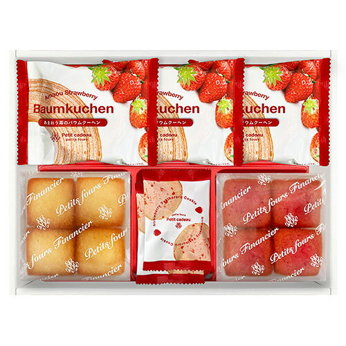 ノーブランド 国産小麦粉とあまおう苺濃縮果汁を使用し、苺の風味と味わいを生かして一層一層丁寧に焼き上げたバウムクーヘンと、ひとくちサイズのしっとりとした食感で仕上げ、トンネルオーブンを使用することによりふんわりと焼き上げたフィナンシェ、ほろろとした食感とフリーズドライのいちごを使用したざくっとした食感のアイスボックスクッキーの詰め合わせです 内容物 : あまおう苺バウムクーヘン×3、プチフィナンシェ4個入(あまおう苺、プレーン)、焼きほろろクッキー(イチゴ)×2 生産国 : 日本 箱サイズ : 202×276×50cm 重量 : 320g
